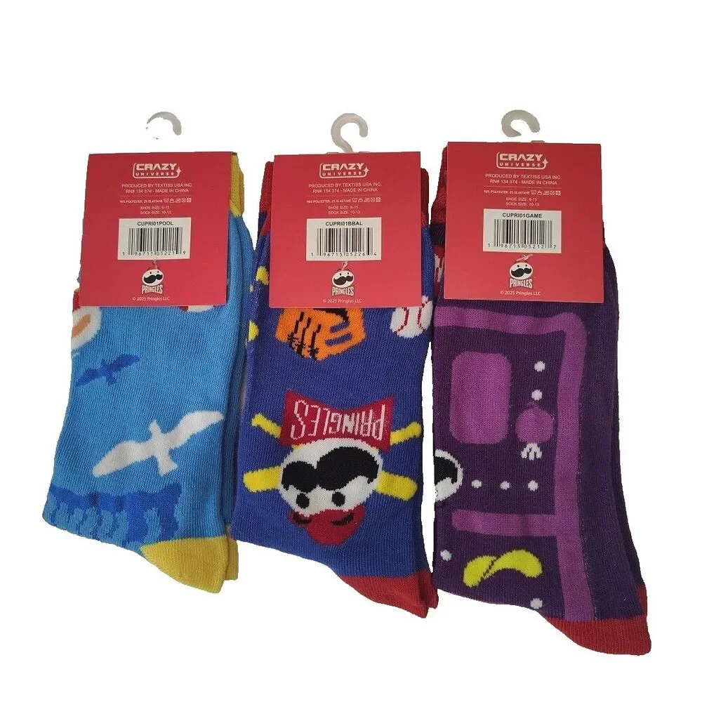 Pringles Chips Snacks Novelty 3 Pair Crew Socks Adult Men Size 6-12 NWT